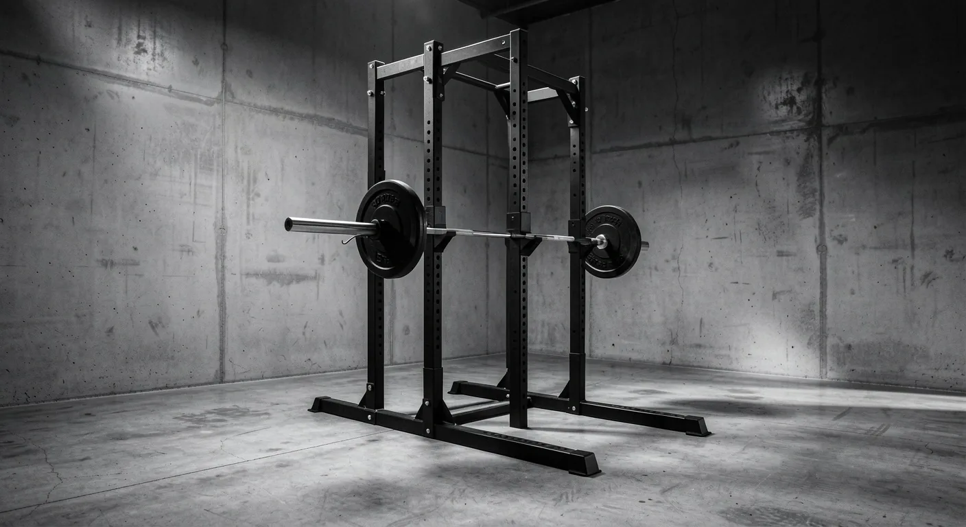 Salle de sport avec rack de musculation et barre olympique