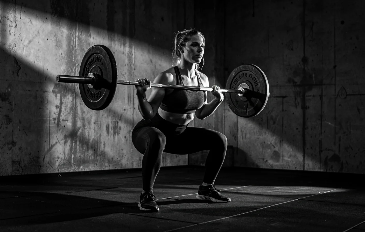 Athlète exécutant un squat chargé dans un espace d'entraînement